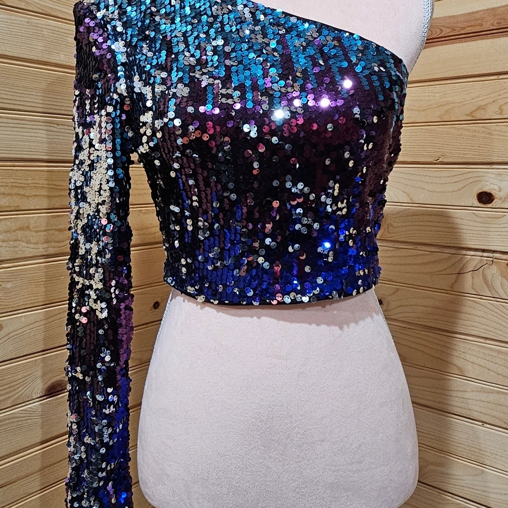 Sequin One-Shoulder Top - Blue and Purple